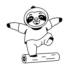 Naklejka premium Playful sloth character balancing on one foot atop a wooden log, wearing a yellow shirt while stretching both arms outward to maintain stability.
