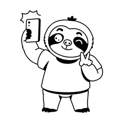 Naklejka premium Cheerful sloth character holding a smartphone overhead to take a selfie, wearing a blue shirt while smiling and posing with one hand near the face.
