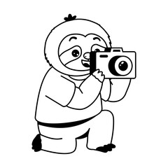 Naklejka premium Creative sloth character holding a camera up to its face, carefully taking a picture while standing in a simple photography and visual storytelling scene.