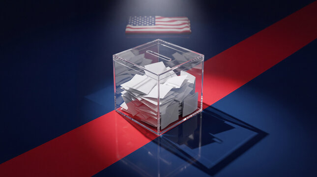 Ballot box with blank white voting slips for election and voting process on dark background