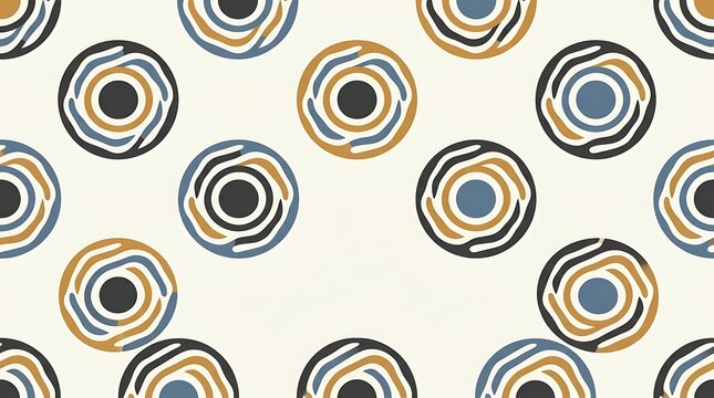 Seamless pattern with repeating circular spiral motifs in dark grey, blue, and gold on a light cream background, minimalist style