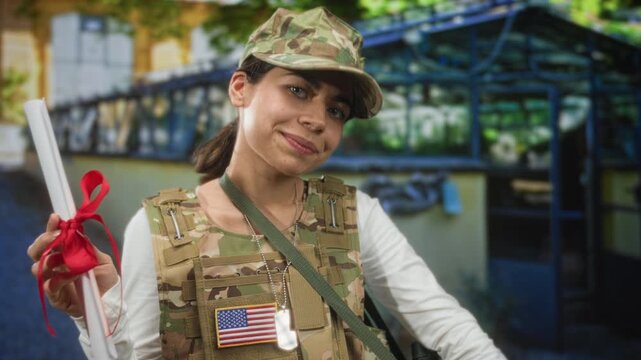 Woman soldier in camouflage uniform with american flag patch and dog tags holds diploma tied with red ribbon and beckons with hand on street; pride duty.