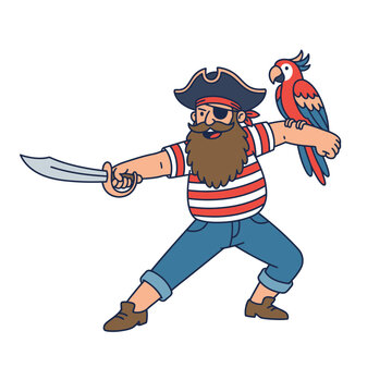 Cartoon pirate with colorful parrot holding a sword