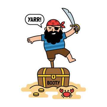 Cartoon pirate standing on treasure chest with sword
