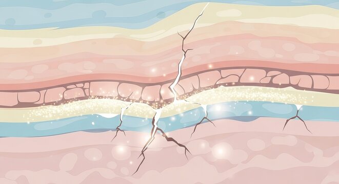 Damaged skin layers structure cross section showing wrinkles and cracking