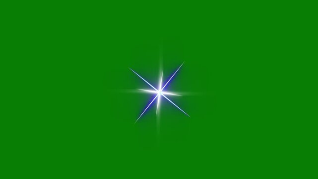 Single white and blue twinkle star animation with sparkling optical flare and glowing rays effect on green screen background video, modern realistic starlight lens burst overlay vfx graphic. 4k
