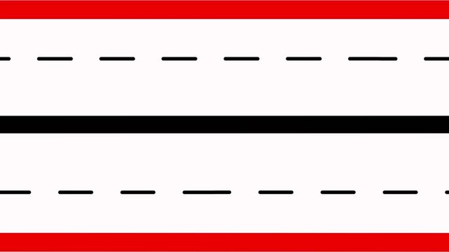 White asphalt road with dashed white lane lines and solid red divider line top down view abstract background texture...
