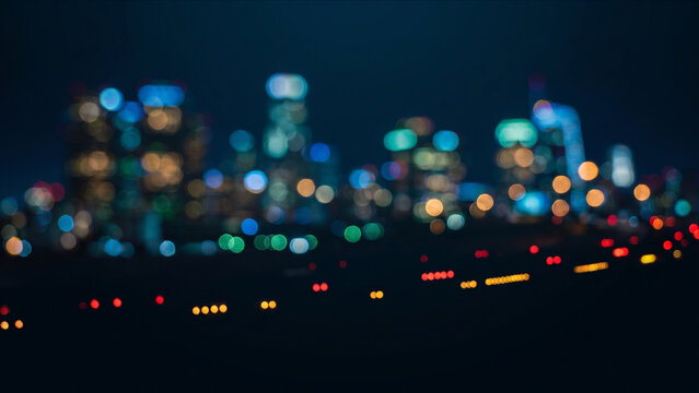 漆黒の空間で整列を始める赤と黄の玉ボケと都市夜景の初期状態抽象背景