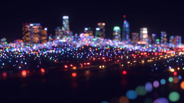 漆黒の空間で整列を始める赤と黄の玉ボケと都市夜景の初期状態抽象背景