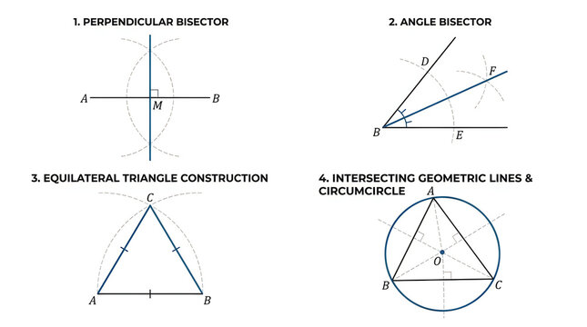 Geometric construction diagrams showing lines and angles for math study
