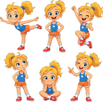 Cute cartoon girl in athletic sportswear showing various poses and emotions