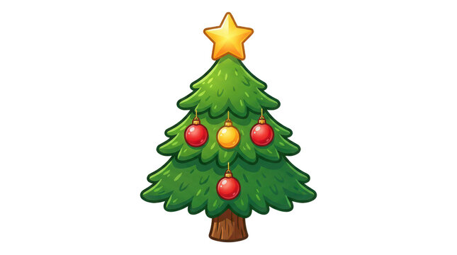 Cartoon christmas tree with red and gold ornaments and a yellow star topper isolated on transparent background