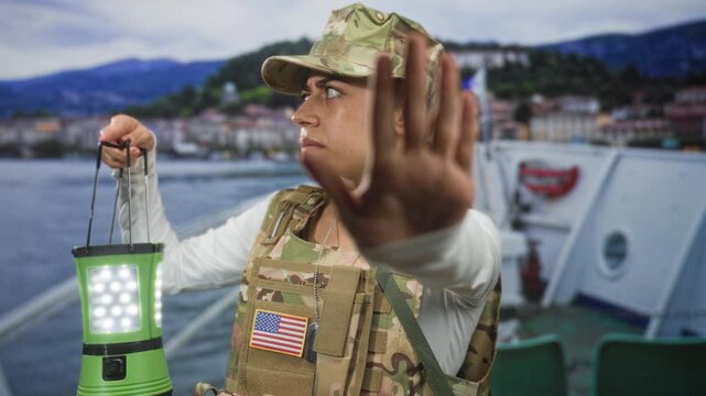 Woman soldier in camouflage uniform holds a green lantern and raises hand palm forward stop on a ship building with focused expression; duty vigilance.