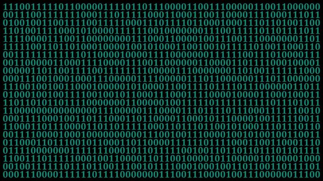 Binary Code on Black Digital Background. Rows of ones and zeros in a binary pattern create a digital data backdrop, symbolizing coding and information processing.4k motion graphics video