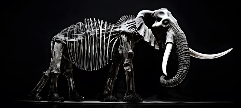 art of mammoth skeleton a black and white high contrast full bod ,generative AI