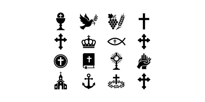 Collection of black religious christian icons featuring crosses churches and sacraments for spiritual graphic design work.