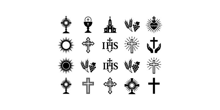 Set of christian religious icons including monstrance church and sacred heart for spiritual design and church media assets.