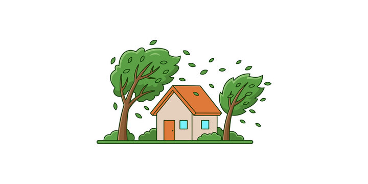 House under storm weather with trees blowing in heavy wind features flat design vector for climate change awareness.