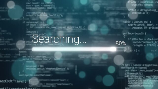 Digital data searching progress bar, a modern technology concept for online information retrieval and data processing, with a glowing white loading indicator at 80% on a dark blue background