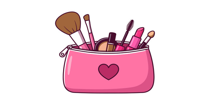Pink cosmetic makeup bag with beauty tools including brushes lipstick and mascara for daily skincare or salon branding work.