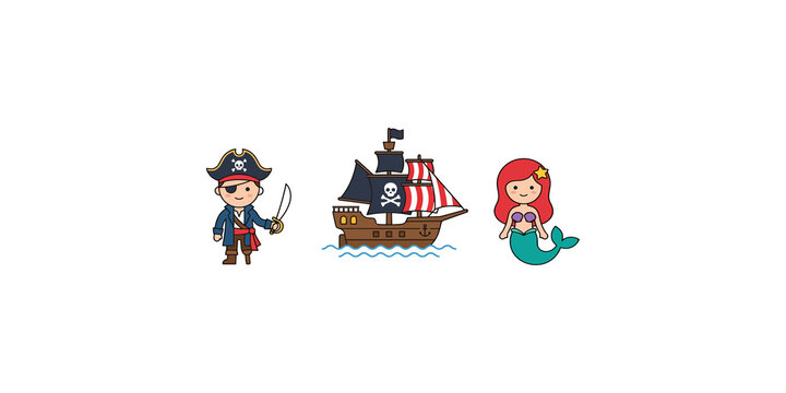 Cartoon pirate captain ship and mermaid character bundle for nautical adventures or childhood marine fantasy story boards.