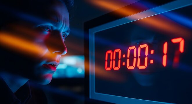 Focused man staring at a digital countdown clock on a computer screen in a dark room with cinematic lighting