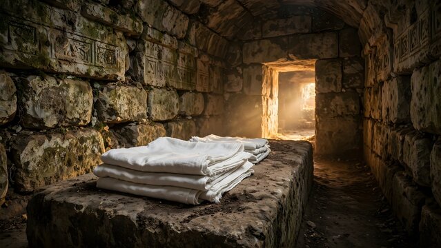 Ancient Tomb with Linen: A still life composition within an ancient stone tomb, featuring neatly folded white linen resting on a rugged stone slab.