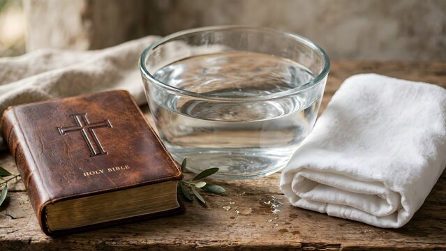 Biblical Symbols of Faith: A weathered brown Bible with a prominent cross embossed on its cover rests beside a clear glass bowl of water and a folded white cloth.
