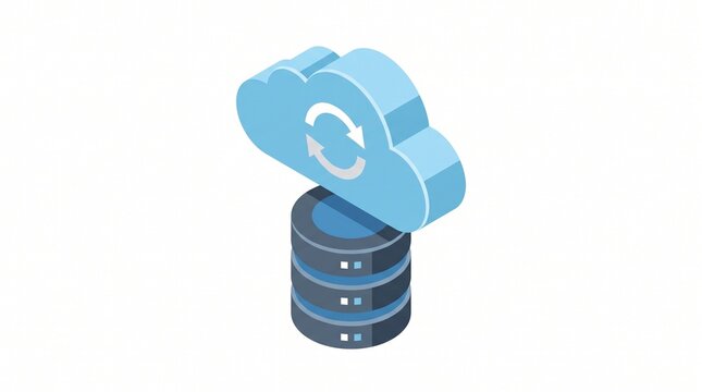 Isometric cloud sync icon with server data stack for digital storage and network backup