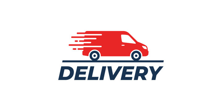Delivery van side view vehicle graphic in red color with motion lines indicating fast shipping and transport logistics.