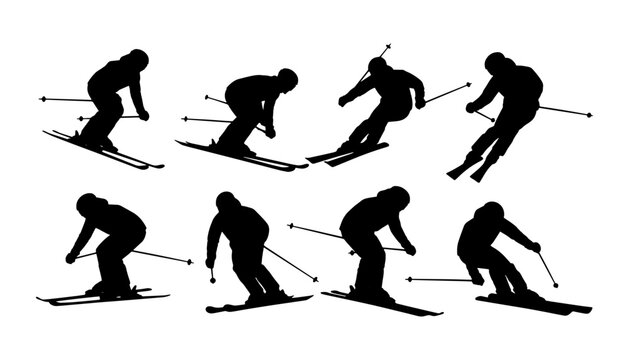 Set of eight black silhouettes of downhill skiers in various action poses isolated on white background