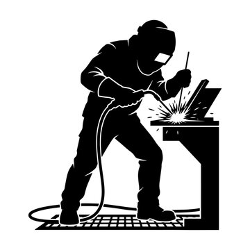 Professional Welder in Protective Gear Working on Metal Silhouette Vector Illustration Isolated on White