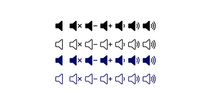 Set of black and blue volume controls illustration on transparent background, outline and solid sound adjustment icons.