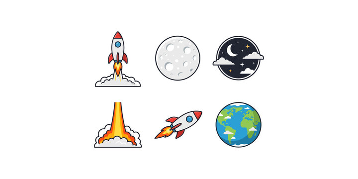 Space exploration flat design illustrations featuring rockets launching moon phases night sky views and earth planet globe.