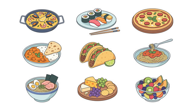 Icon set featuring diverse international cuisine: paella, sushi, pizza, curry, tacos, spaghetti, ramen, cheese board, and fruit salad.