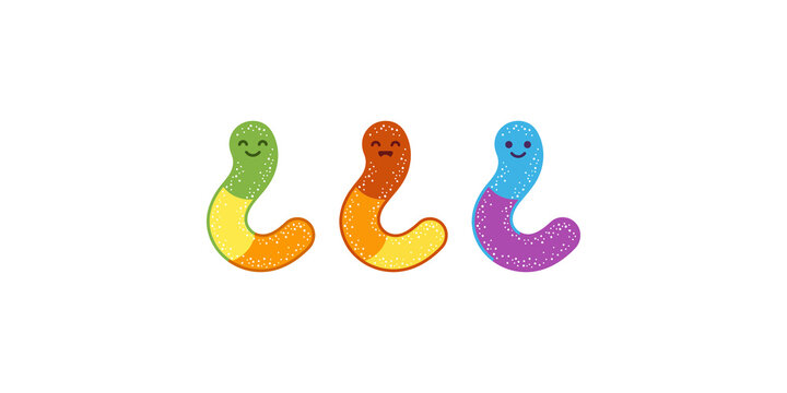 Vibrant gummy worms collection with green orange blue colors featuring cute faces and sugar texture for candy shop branding.