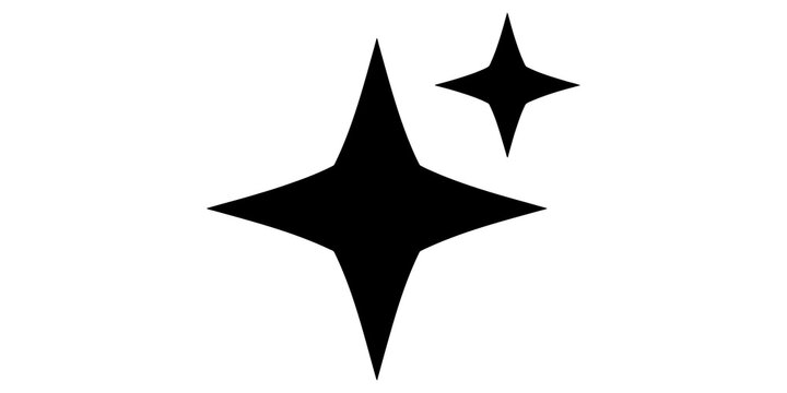 Two black star shapes with sharp points for sparkle effects and glowing highlights isolated on grey.