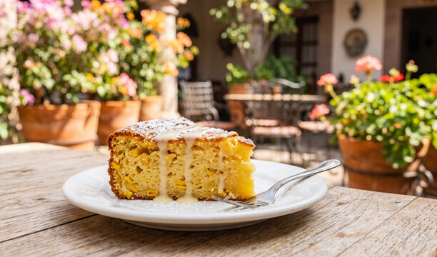 A rich slice of golden Pastel de Elote served on a white porcelain dish on a light wooden table, Moist, tender sweet corn cake texture with visible corn kernels, drizzled with sweet condensed milk and
