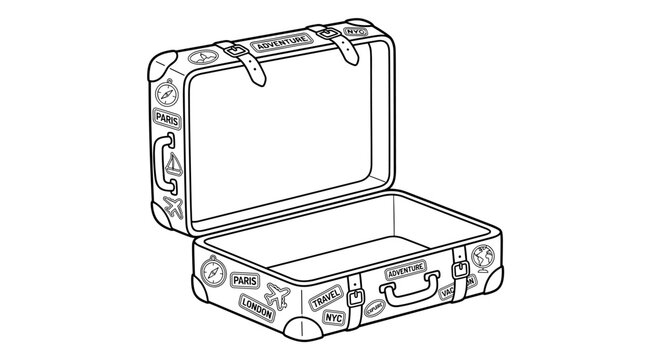 Open vintage suitcase with travel stickers, compass, and airplane icons, flat design vector illustration