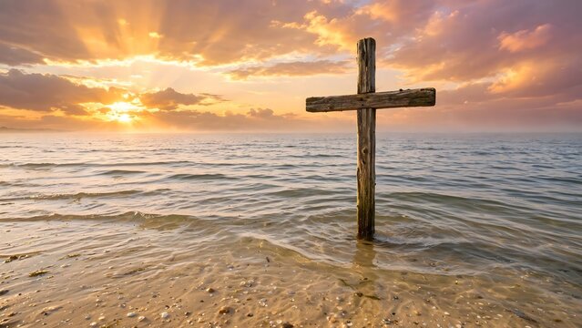 Cross at Sunrise on the Beach: A wooden cross stands firm in the gentle waves of the ocean as the sun rises, casting a warm, ethereal glow across the sky and water. A symbol of faith, hope.