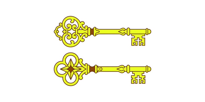 Two decorative golden antique skeleton keys with intricate designs for vintage home decor old locks.