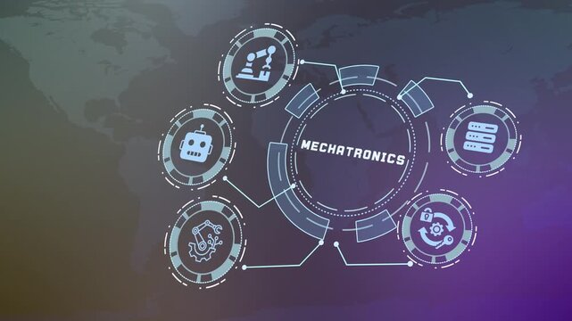 Mechatronics concept combining robotics, electronic control, mechanical systems, sensors, automation, and intelligent technology.
