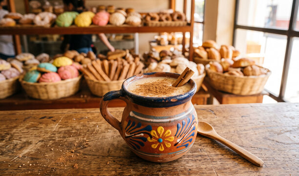 A rich mug of thick, warm Atole de Vainilla served in a hand-painted clay mug on a wooden counter, Creamy masa-based vanilla beverage topped with a gentle dusting of ground cinnamon and a floating cin