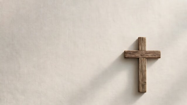 Rustic Wooden Cross: A simple, rustic wooden cross casts a long shadow on a textured, neutral background, symbolizing faith and spirituality.