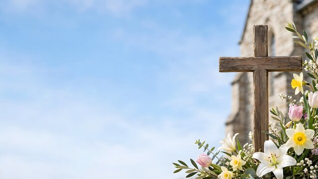Easter Cross with Flowers and Church Background: A rustic wooden cross adorned with a vibrant bouquet of spring flowers stands against a backdrop of a stone church and a clear blue sky.