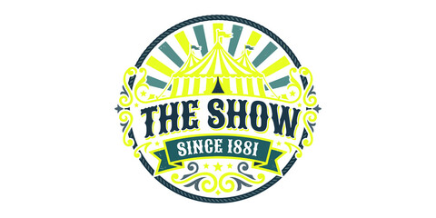 Vintage circus tent emblem logo featuring sunburst background and ornate decorative elements for entertainment branding. © Png World Collection