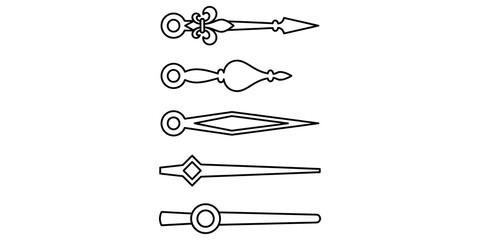 Set of five elegant clock hand designs featuring vintage style ornate and minimalist shapes for watchmaking components. © Png World Collection