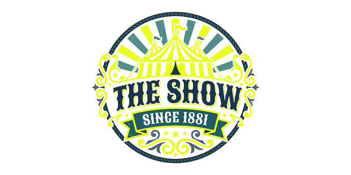 Vintage circus tent emblem logo featuring sunburst background and ornate decorative elements for entertainment branding.