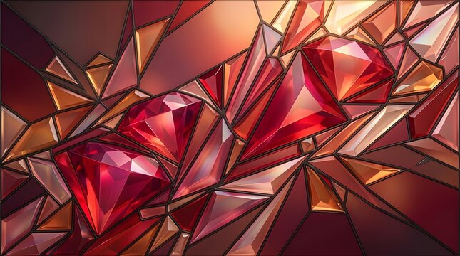 Abstract stained glass pattern with red and orange geometric shapes and facets