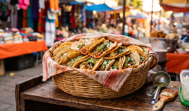 Tacos de Canasta wrapped in a cloth-lined woven wicker basket on a wooden counter, Soft steamed corn tortillas glistened with spiced chili oil, stuffed with chicharron prensado, potato, and refried be